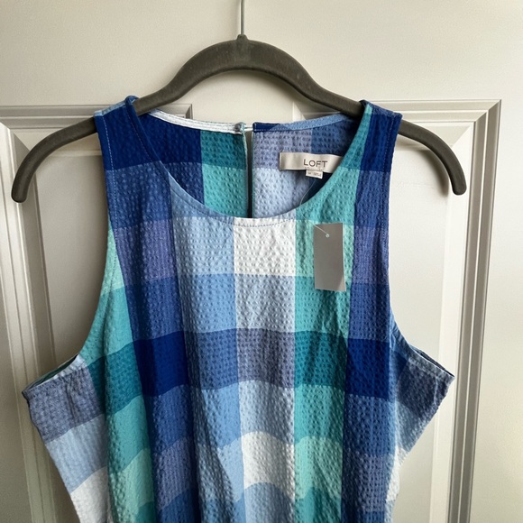 LOFT Plaid Cutout Back Midi Pocket Dress Blue Aqua White Size M. NWT - Picture 6 of 15